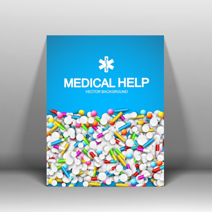 Free Vector medical help poster with pills capsules