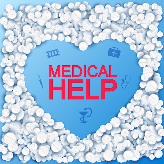 Medical Help with heart shape pills and icons on blue