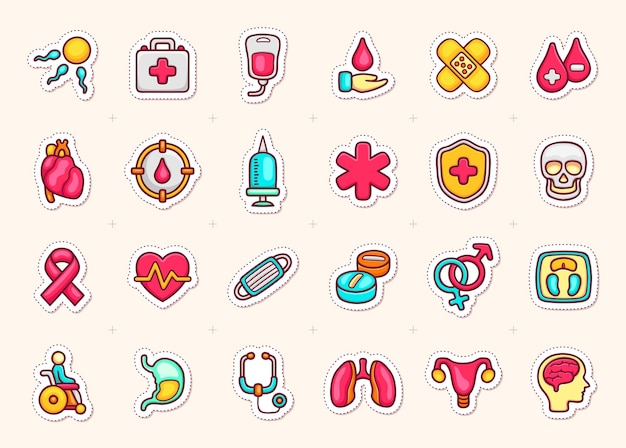 Free vector medical items sticker icons doodle coloring vector