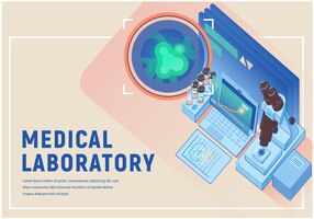 免费矢量医疗实验室横幅显微镜笔记本试管和不同对象在医学实验室的概念