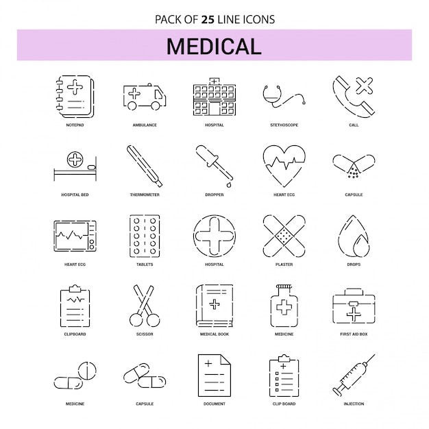 Medical Line Icon Set - 25 Dashed Outline Style