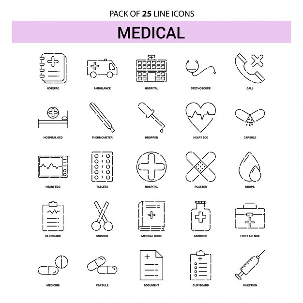 의료 선 아이콘 세트 -25 점선 개요 스타일
