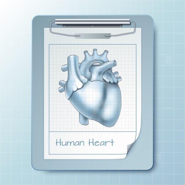 Медицинский блокнот с реалистичной буфера обмена и изображение человеческого сердца изолированы
