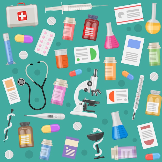 Vettore gratuito modello di oggetti medici con prescrizioni attrezzature e strumenti pillole e capsule