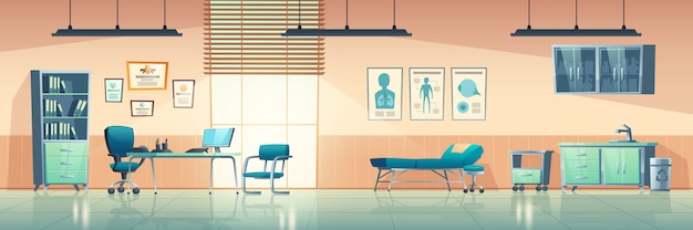 Интерьер медицинского кабинета, пустая комната с кабинетом врача, больница с диваном, креслом и умывальником, шкафчик для медикаментов, стол, компьютер и баннеры медицинской помощи на стене карикатура иллюстрации