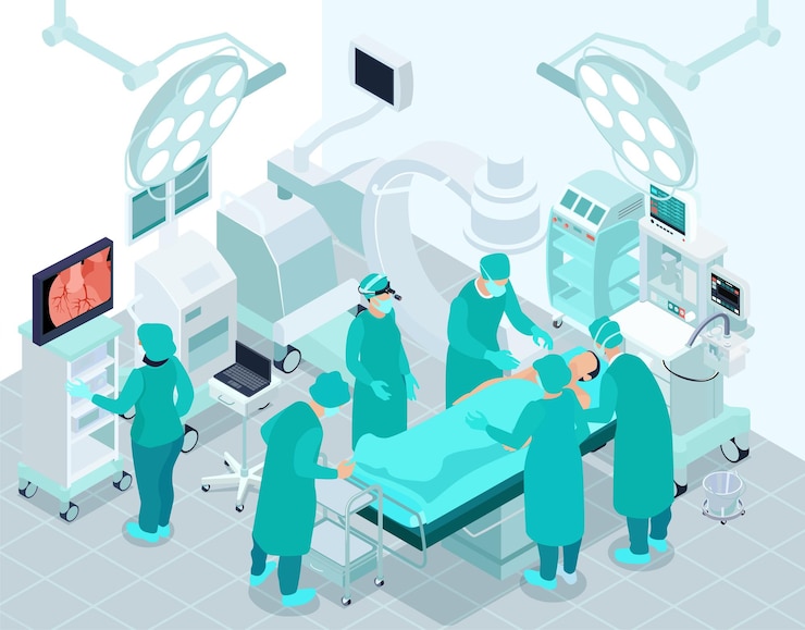 Free Vector medical operation isometric background with team of cardiac surgeons performing surgery in operating room interior vector illustration