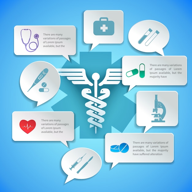 Medical pharmacy ambulance paper infographic and speech bubbles vector illustration.