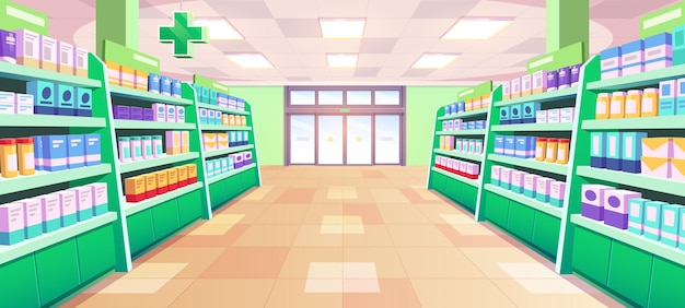 Medical pharmacy shop interior vector illustration