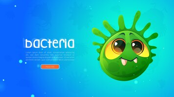 medical poster with bacteria character funny round germ on blue background vector banner with cartoon illustration of cute circle virus microorganism or bacterium cell comic green microbe