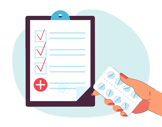 Medical prescription and hand holding pill blister. Patient taking medication flat vector illustration. Treatment, healthcare, pharmacy concept for banner, website design or landing web page