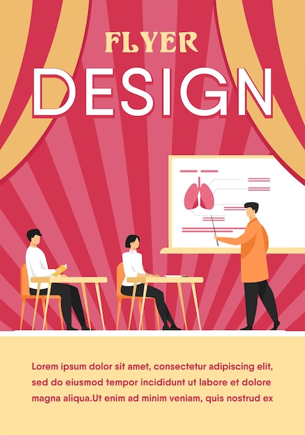 Medical professor presenting organ infographics to audience. college students listening to lecture in classroom. flyer template