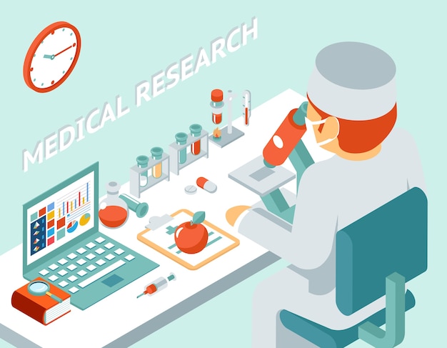 Free vector medical research 3d isometric concept. science chemical, medicine and pill, vector illustration