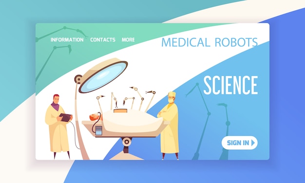 Free vector medical robots landing page with surgeons in operating room equipped with modern devices  illustration