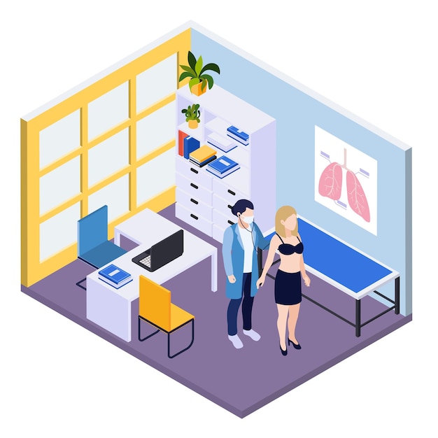 診療所の図で患者の肺を聞いている医師と医療検査の等角投影の背景