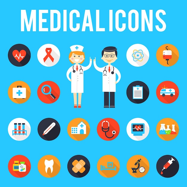 Free vector medical tools and medical staff flat icons. medicine and hospital, health medical, syringe and pharmacy, equipment and emergency.