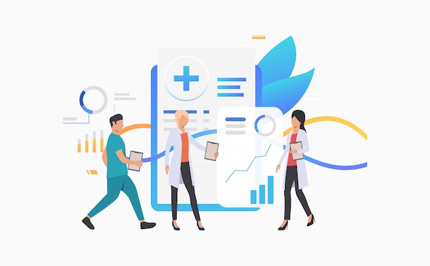 medical workers analyzing electronic record  