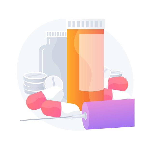 Medications prescription. Disease treatment, health care, medical drugs. Pills bottles, capsules and syringe with vaccine. Pharmacy products. Vector isolated concept metaphor illustration