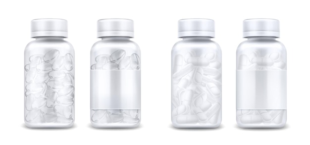 Free vector medicine bottles with pills and clear capsules isolated on white background. vector realistic mockup of glass or plastic transparent container with blank label and lid. 3d jars with medical drugs