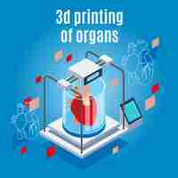 Vettore gratuito medicina della futura composizione di sfondo isometrica con realistica stampante 3d e cuore umano