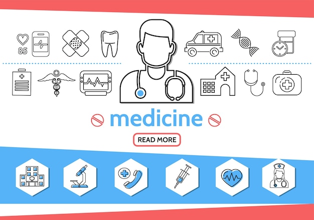 Free vector medicine line icons set with doctor nurse syringe microscope tooth ambulance car dna pills caduceus