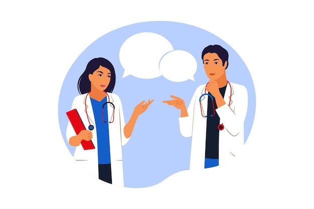 Medicine team concept with couple of doctors in hospital. practitioner young doctors young man and woman standing. consultation and diagnosis. vector illustration. flat