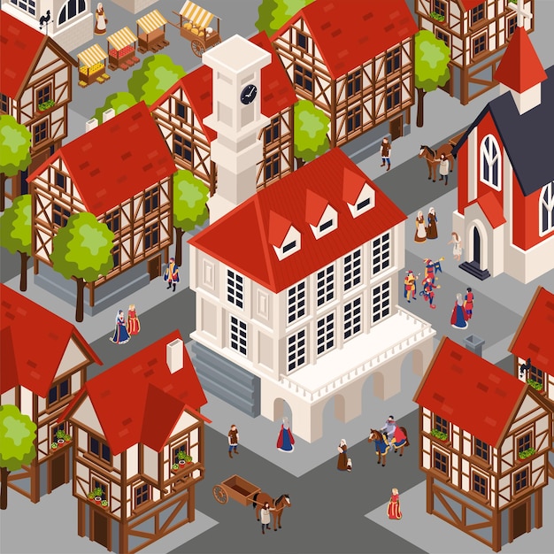 Free vector medieval architecture isometric with traditional cozy town illustraion