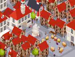 Vettore gratuito architettura medievale isometrica con illustrazione tradizionale della città e del mercato