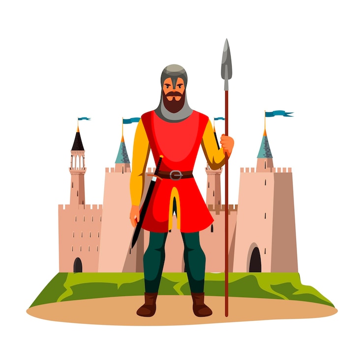Free Vector medieval armed knight guard man protecting castle armor guarding male character with spear in hand and sword on belt security person wearing steel helmet