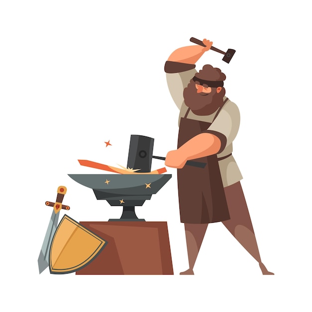 Free vector medieval blacksmith making swords and shields on anvil cartoon