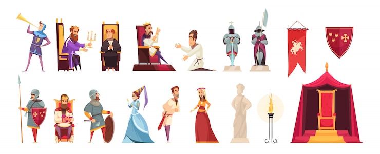 Free Vector medieval castle attributes inhabitants flat icons set with knits king lord lady heraldic flag isolated 