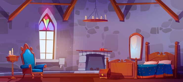 Free Vector medieval castle bedroom interior with furniture