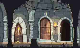 Free vector medieval castle dungeon cartoon composition with stone and wood interiors vector illustration