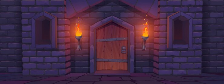 मुफ़्त वेक्टर medieval castle gate at night, palace entry exterior with arched door and burning torches. fortress tower architecture, fairytale dungeon building facade, stone brick wall, cartoon vector illustration