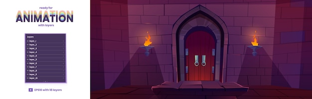 게임 애니메이션을 위한 준비가 된 2d 분리된 레이어가 있는 야간 시차 배경의 중세 성문 궁전 또는 아치형 문과 불타는 횃불 만화 벡터 일러스트가 있는 요새 입구 외관