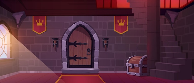 Free vector medieval castle hall with wooden door vector cartoon illustration of stone staircase in fairytale tower red flags with royal crown emblem on wall treasure chest on floor sunlight in window