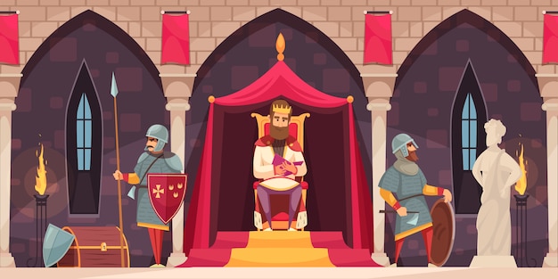 Medieval castle interior flat cartoon composition with king throne armed knight coat of arms guard 