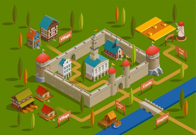 Free vector medieval castle isometric composition