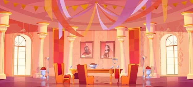 Free vector medieval castle room interior with dinner on table