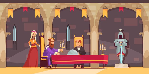 medieval castle royal dining hall area interior flat cartoon composition with king being served meal 