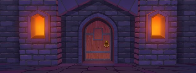 Medieval castle with stone wall, wooden door and glowing windows at night. Vector cartoon illustration of old fortress or temple exterior with closed gate with knob