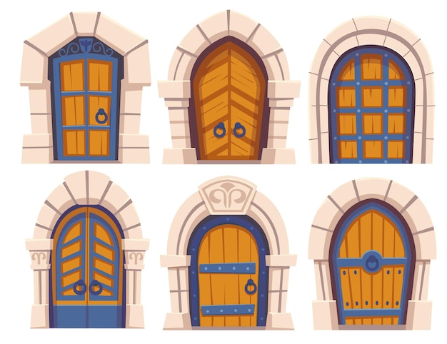 Бесплатное векторное изображение Средневековый замок деревянные двери и каменные арки
