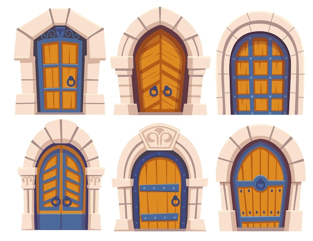 Free vector medieval castle wooden doors and stone archs