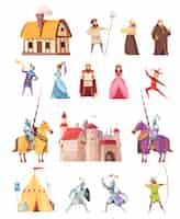 Vettore gratuito set di icone di edifici di personaggi medievali