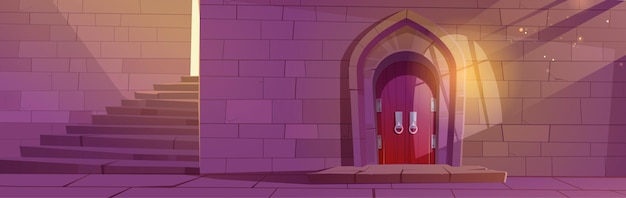 Free vector medieval dungeon or castle interior with wooden arched door stone stairs and brick wall entry to palace with sunlight fall through barred window fairytale building cartoon  illustration