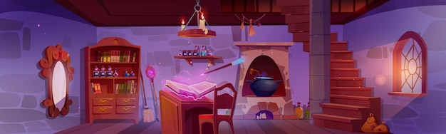 Free vector medieval dungeon room with cauldron in stove vector cartoon illustration of witch basement with old wooden furniture spell books and potion bottles on shelf magic mirror on stone wall stairs