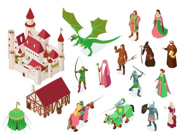 Medieval fairy tale isometric set with royal castle knights priest witch and dragon isolated