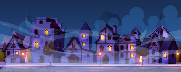 Free vector medieval german night street with halftimbered houses in fog