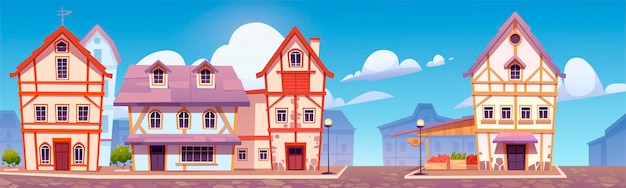 Бесплатное векторное изображение Средневековая немецкая улица с фахверковыми домами. традиционные европейские здания в старом городе или деревне