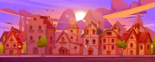 Free vector medieval german street with halftimbered houses at sunset