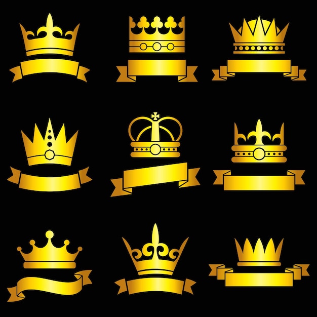 Free vector medieval gold crowns and ribbon set